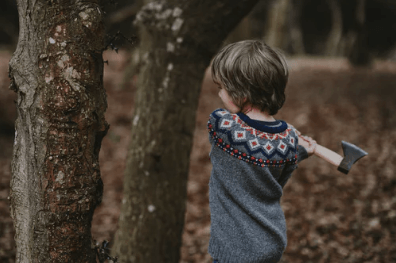 Boy with axe cutting tree